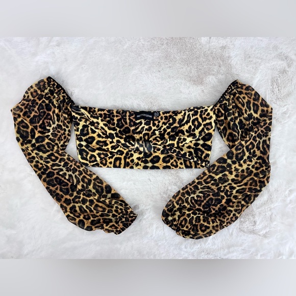 NWT: PRETTYLITTLETHING Leopard Puff Sleeve Strapless Bikini Top - Picture 2 of 10